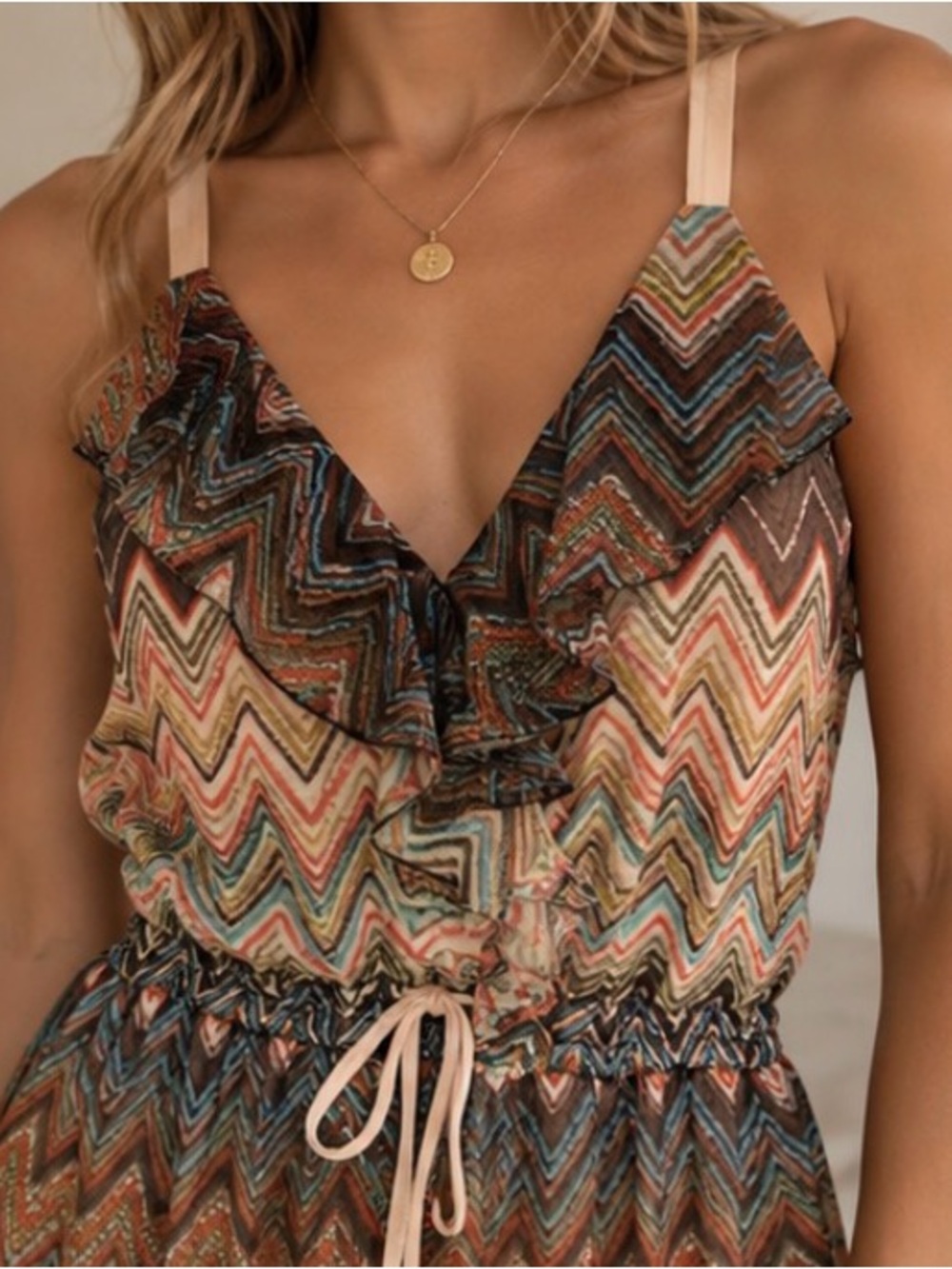 Multi-Color Chevron Ruffle Maxi Dress with Drawstring Waist - Picture 3 of 8